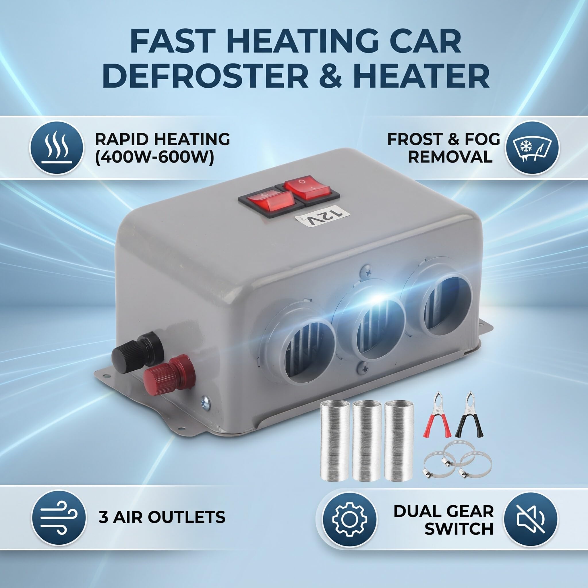 Chauffage de Voiture 12 V Chauffage de Camping-car 12 V Chauffage Portable pour Voiture Chauffage 12 V pour Fourgonnette 600 W-800 W Chauffage Rapide 3 Trous pour Réchauffement | Compact en fer, idéal pour camping-car et fourgonnette, dégivrage et désembu