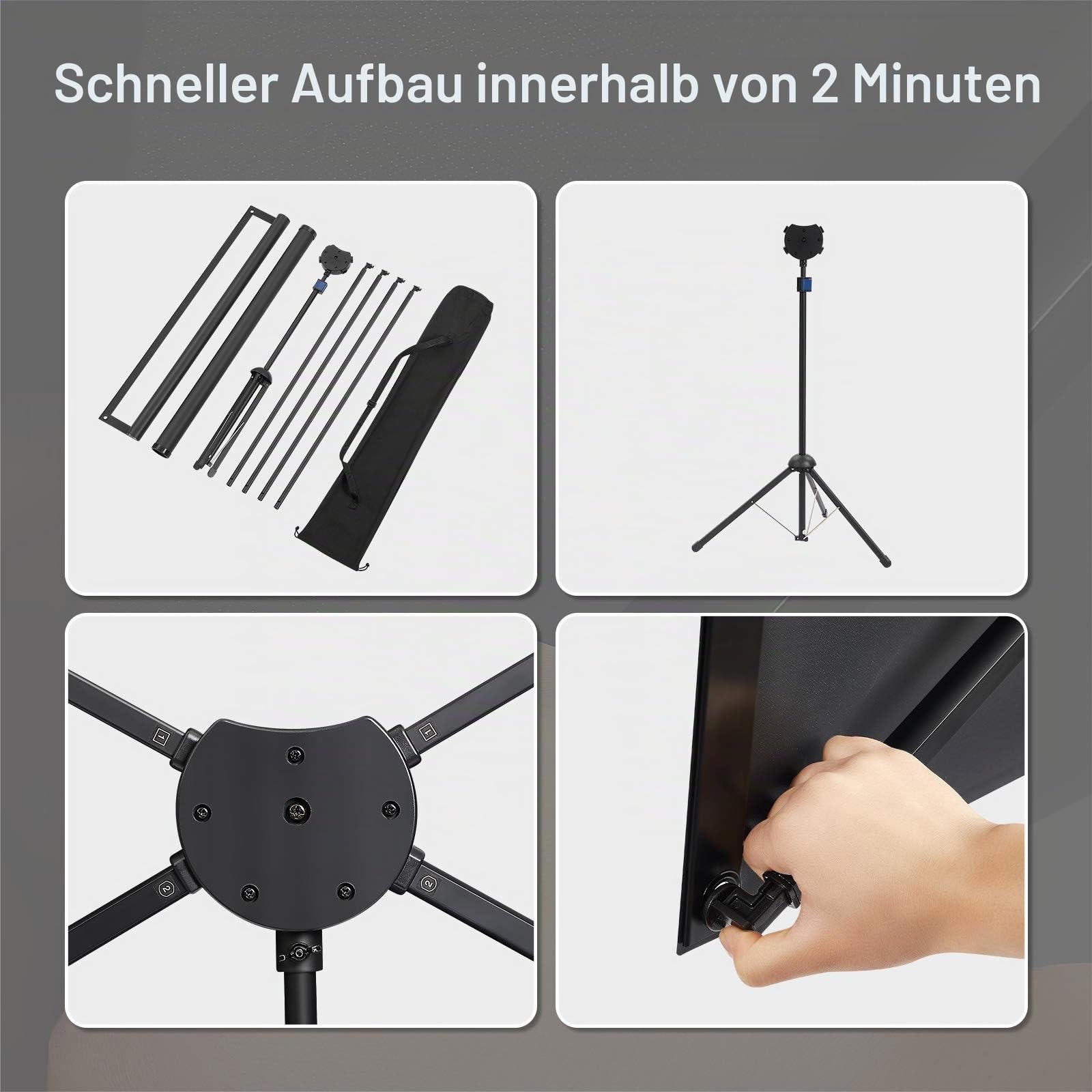 Beamer Leinwand mit Stativ, Tragbar Projektor Leinwand 80 Zoll, 16:9, 4K HD ProjektionLeinwand, Leicht und Kompakt, 2 Minuten Montage und einfacher Transportn, Ideal für Heimkino, innen/außen Filme.
