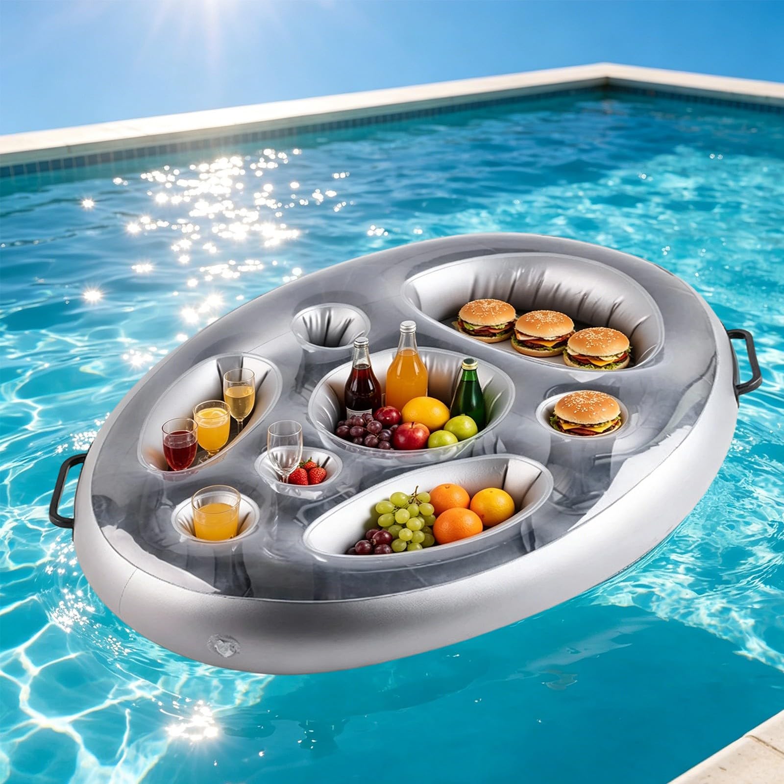 Schwimmende Poolbar Tablett - Aufblasbare Eisschale Getränkekühler für Sommer Pool Partys, Mehrloch-Getränkehalter und Snacktisch, schwimmende Bar für Getränke und Snacks