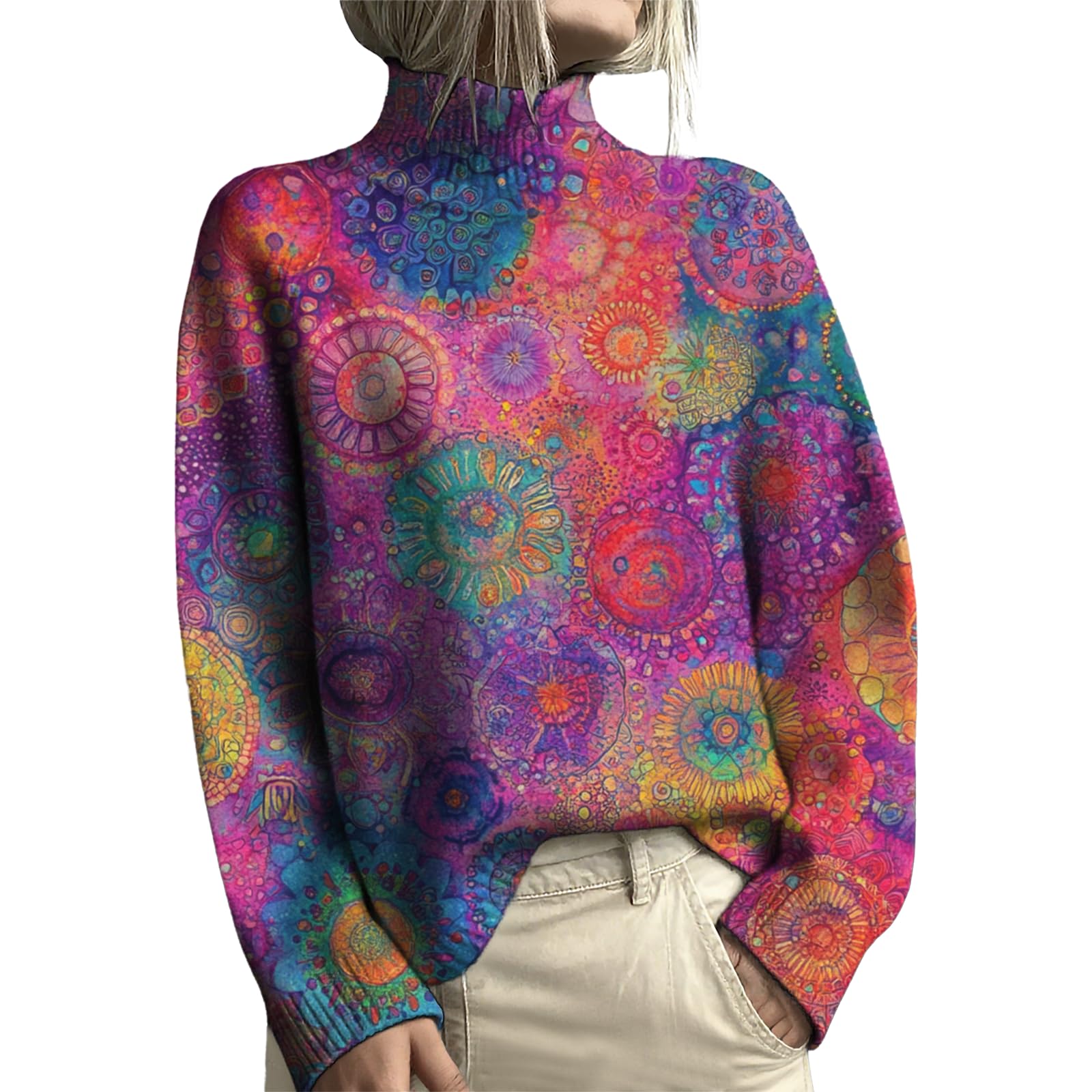 Womens Boho Floral Printed Turtleneck Sweater Long Sleeve Knitted Sweater Warm Fall Winter Chunky Pullover Sweaters
