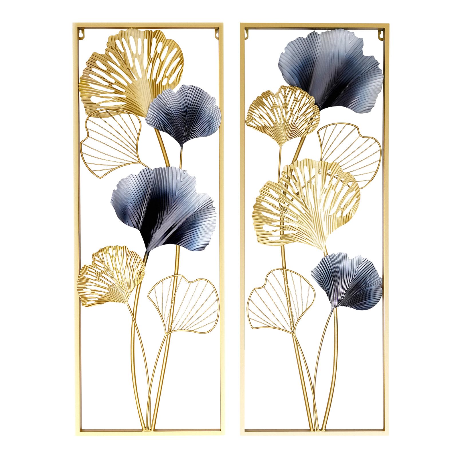 HazLope Set da 2 decorazioni da parete in metallo con foglie di ginkgo, quadro da parete con foglie di ginkgo, scultura da parete, ornamento da parete, appendiparete con cornice lunga e foglia di