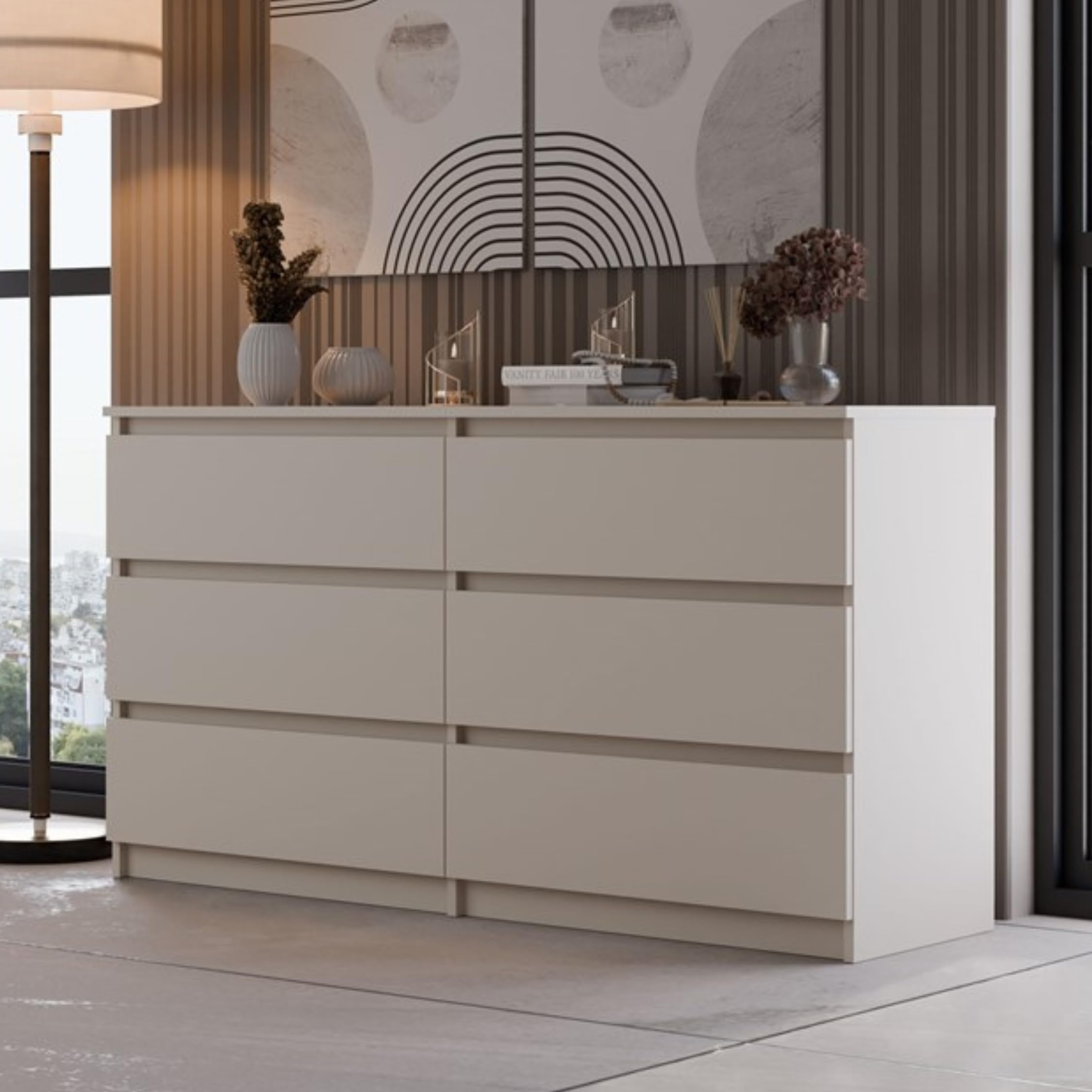 Home Collective Kommode, Schlafzimmer Flur, Schrank, Sideboard, Highboard mit 6 Schubladen, Breite 140 cm Höhe 75