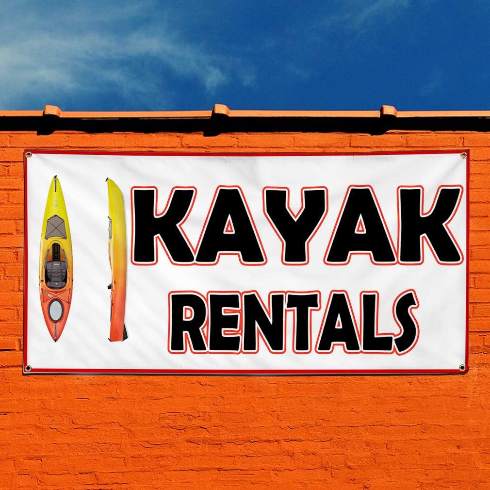 Vinyl Banner Sign Kayak Rentals White Black Yellow Business Marketing Advertising White - 24inx48in, 4 Grommets, Set of 5
