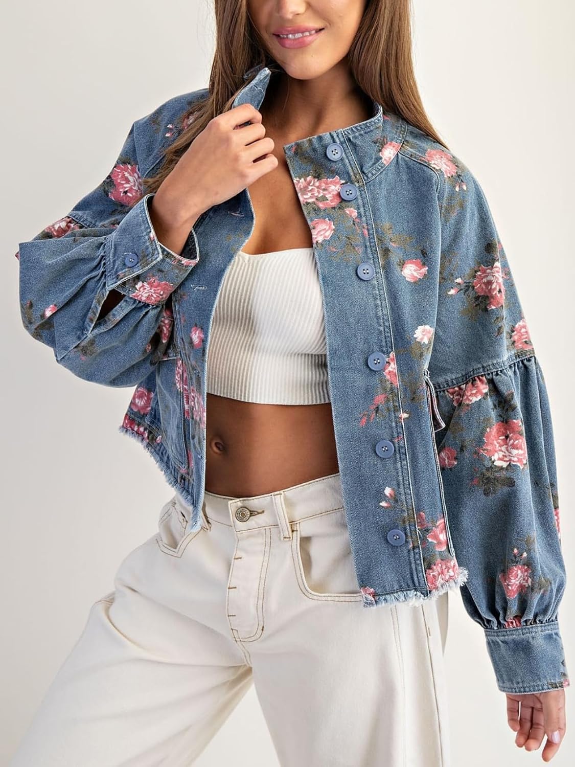 Womens Denim Bomber Jacket Ballon Sleeve Twill Coat Drawstring Waist Outerwear with Pockets