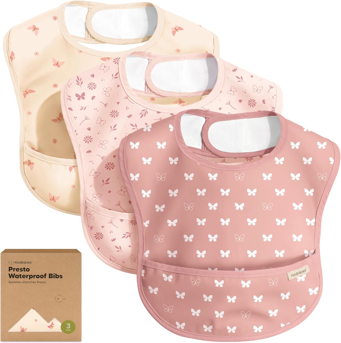 KeaBabies 3-Pack Waterproof Baby Bibs for Eating, Lightweight (Butterflies) | Toddler Feeding Bibs with Large Food Catcher, Mess Proof, Food-Grade, Baby Eating Essentials, Easy to Put On & Clean
