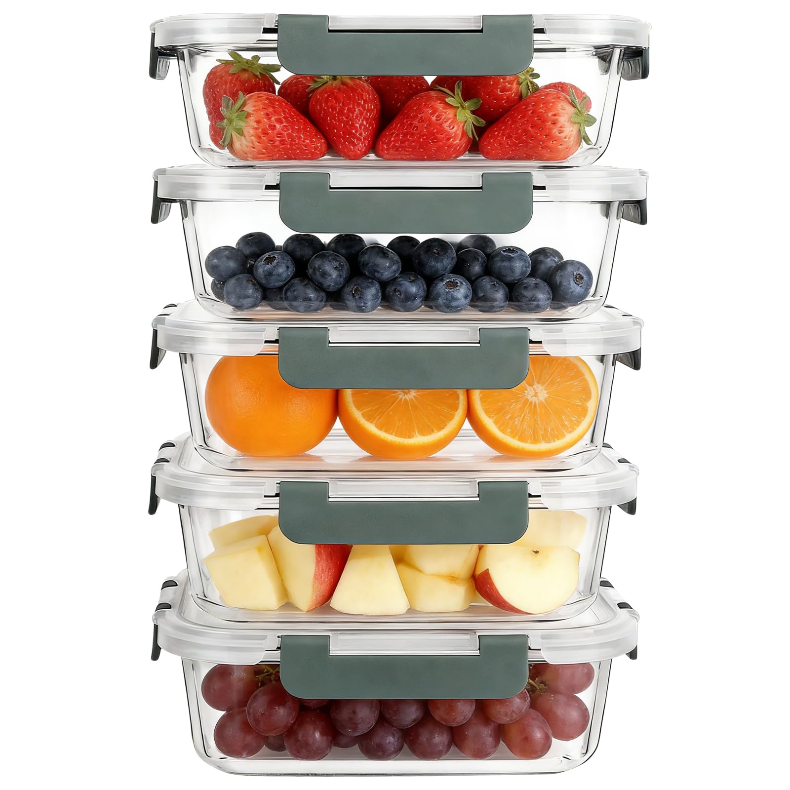 Meetoz Grey 5-Packs 36Oz Glass Food Storage Container With Lid, Reusable Airtight Meal Prep Containers, Glasss Lunch Box With Bpa Free,Stackable, High Temperature Resistance, For Freezer, Microwave, Oven, Freezer