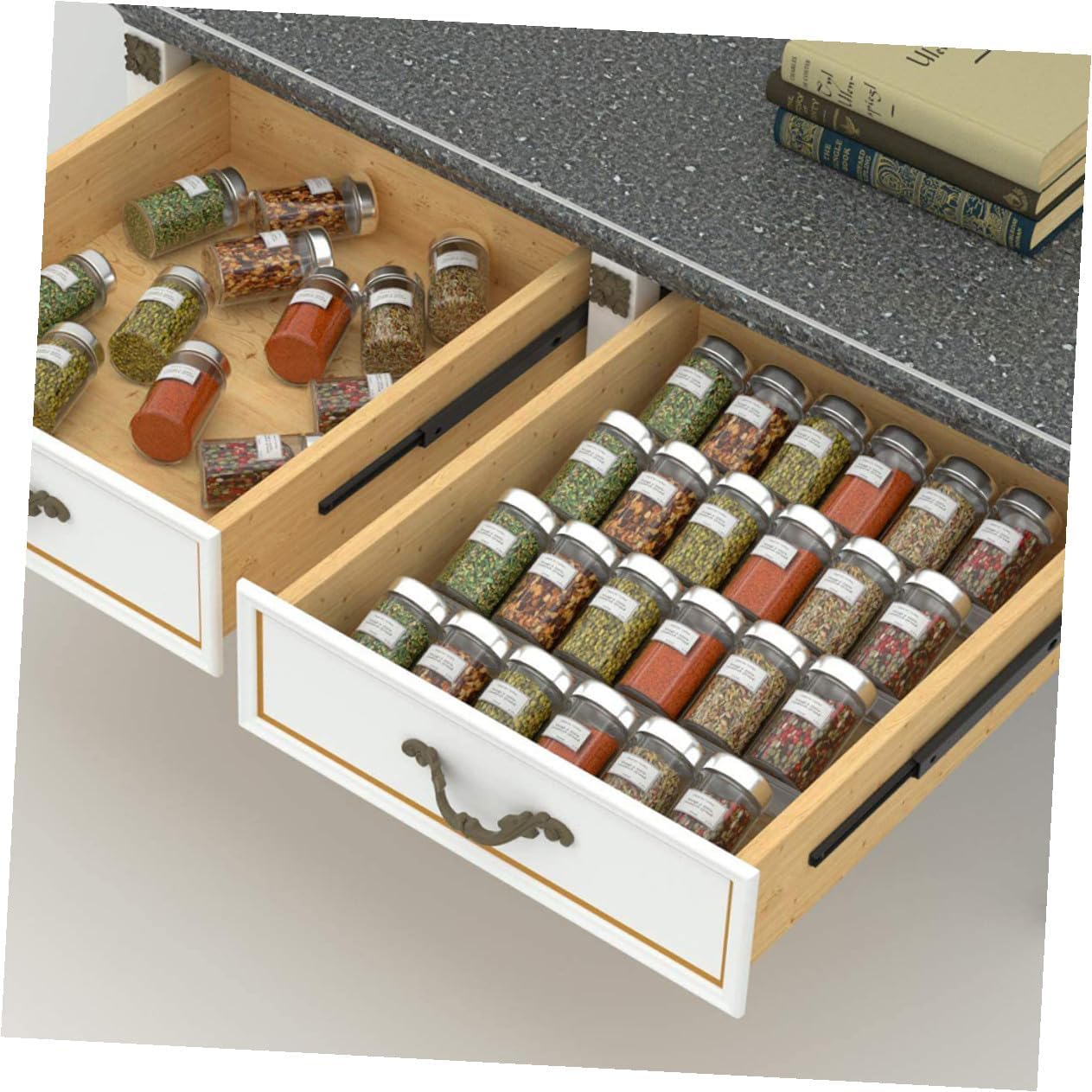 NUOBESTY Expandable Acrylic Spice Rack Drawer Organizer, Kitchen Seasoning Bottle Storage Shelf for Countertop and Cabinet, Plastic Spice Bottle Holder for Pantry and Cooking Tools