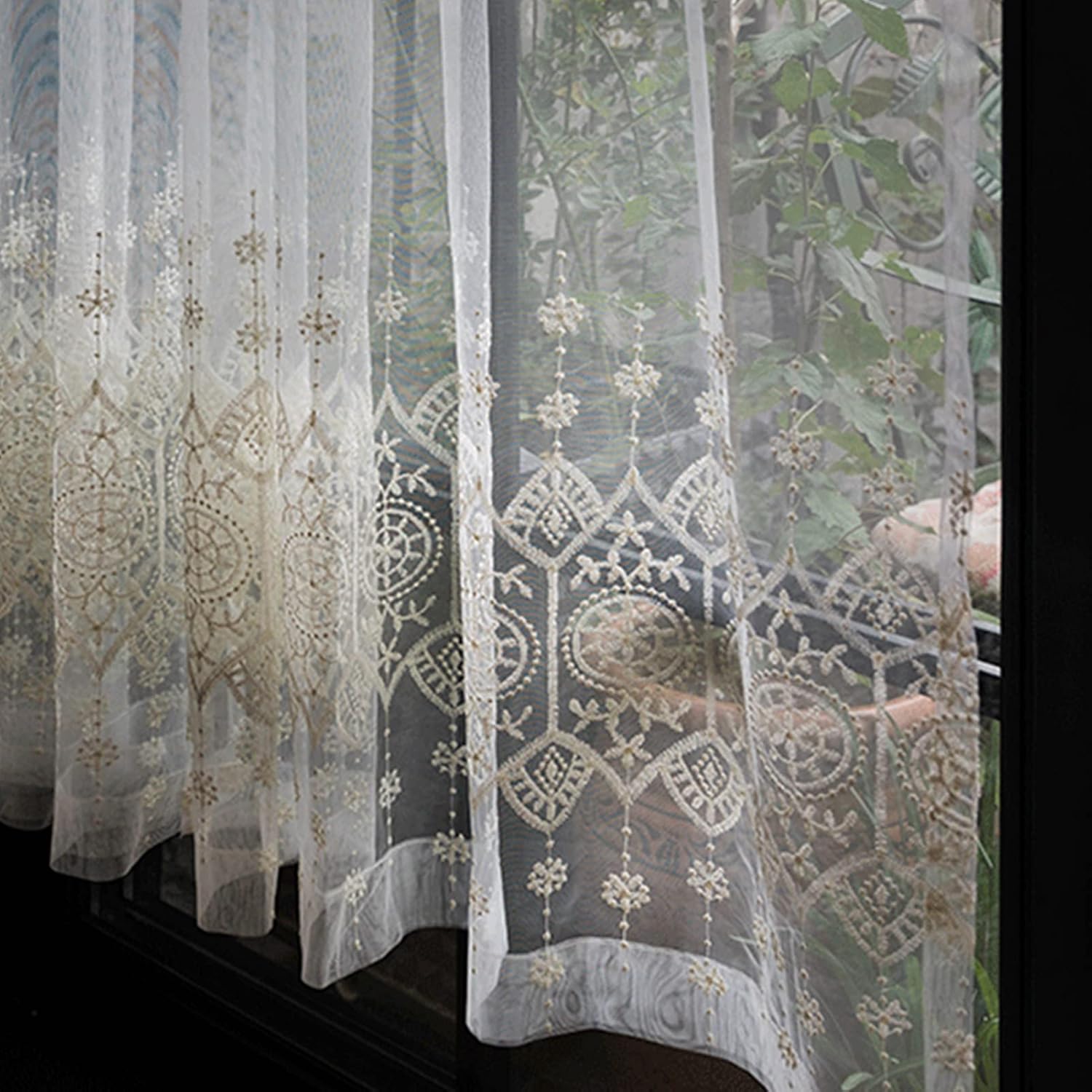 Kitchen Curtain Voile Embroidery Tier Curtain Valance,Bistro Curtain Country House,Short Curtain for Small Windows,Semi-Transparent Cafe Curtains for Kitchen Bedroom Living Room Ba