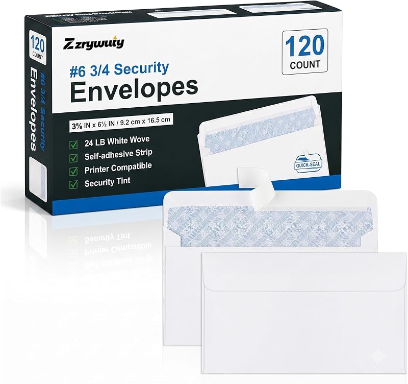 Zzrywuty 120 Count White #6 3/4 Self-Seal Security Envelopes | Small White #6 Security-tinted Envelopes,3-5/8” x 6-1/2”,Security Tint and Pattern,24-lb White Wove,Self Adhesive Closure