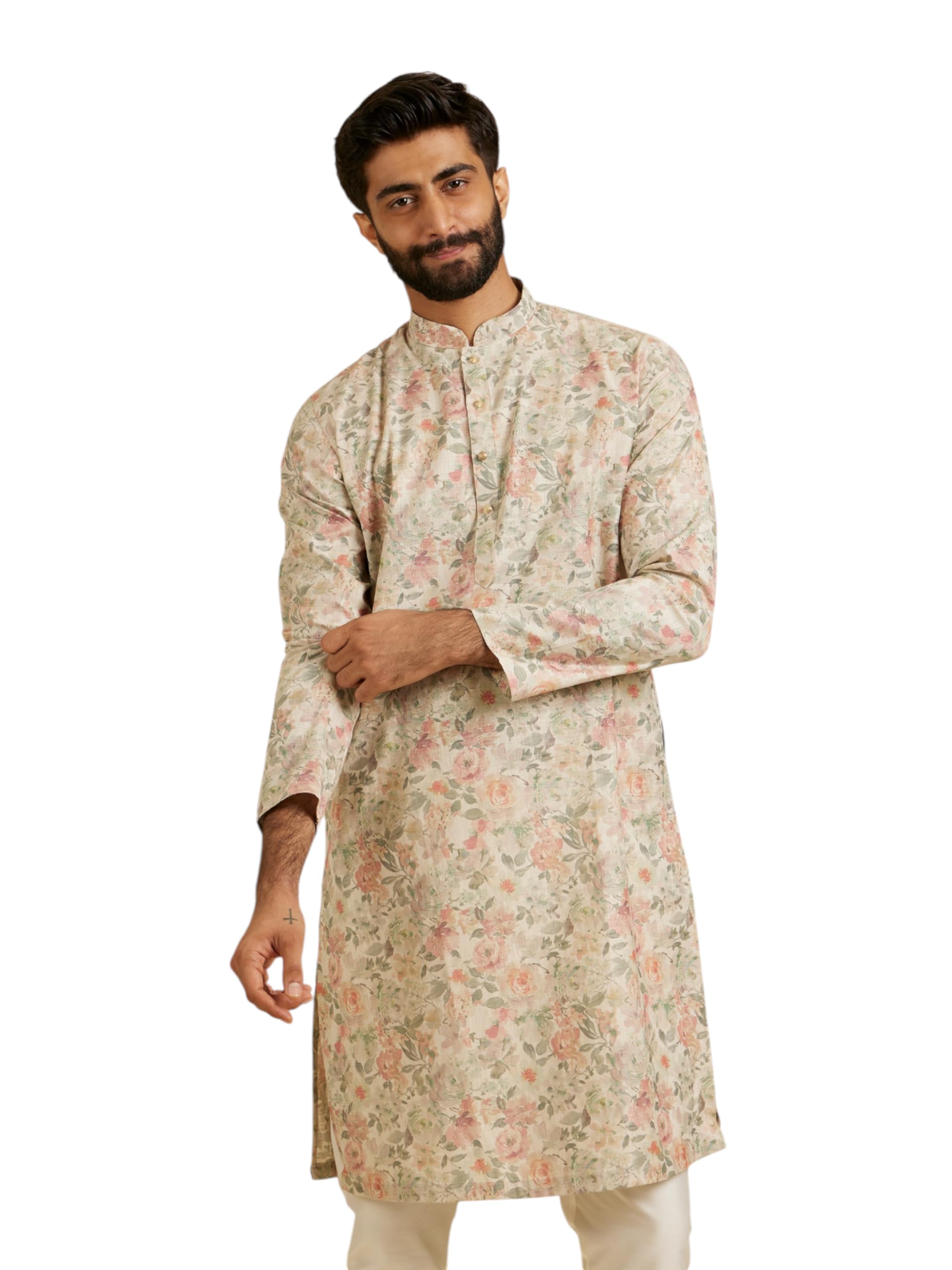 manyavar Men's Cotton Blend Floral Print Kurta (1pc)-picture-45
