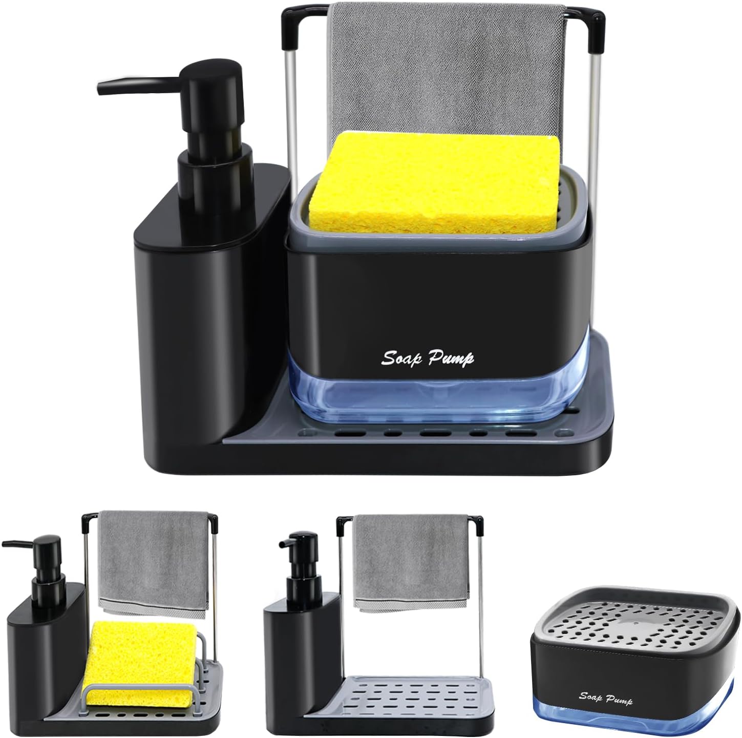 Hand and Dish Soap Dispenser Set with Sponge Holder, SYOUACEND Dual Soap Dispenser with Dishcloth Holder, Dish Soap Dispenser for Kitchen Sink with Tray, 5-in-1Organizer for Kitchen Sink Countertop
