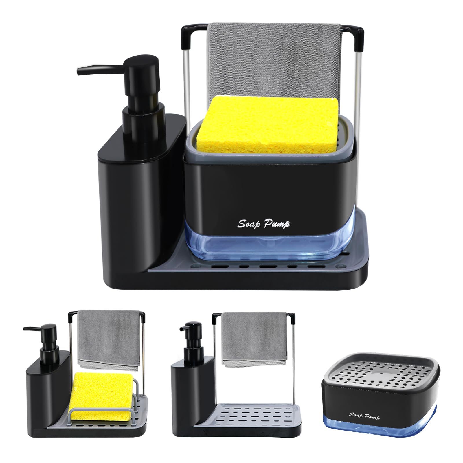 Hand and Dish Soap Dispenser Set with Sponge Holder, SYOUACEND Dual Soap Dispenser with Dishcloth Holder, Dish Soap Dispenser for Kitchen Sink with Tray, 5-in-1Organizer for Kitchen Sink Countertop