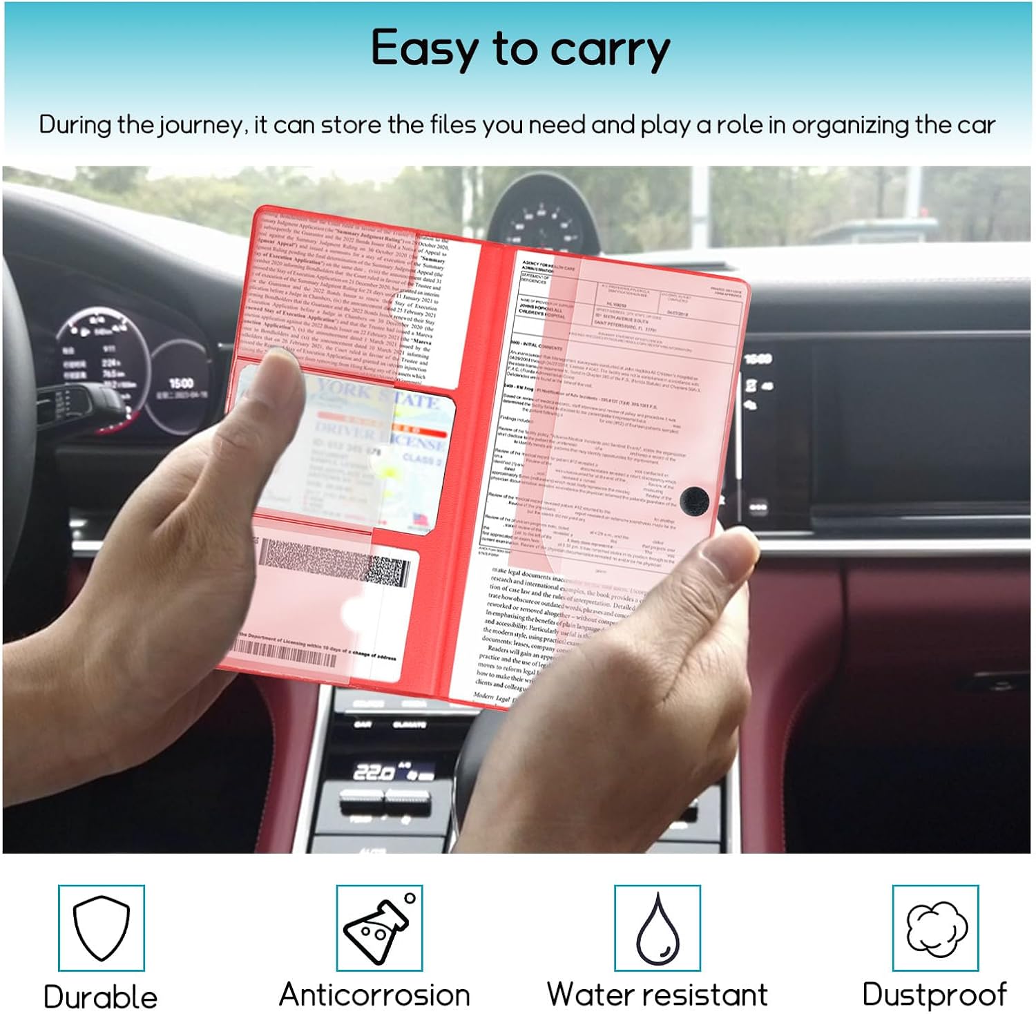 Dickno Car Registration and Insurance Holder, 10.39''×9.56'' Essential Auto Card Document Glove Box Organizer with Closure, Car Interior Accessories (Red, Large Car)