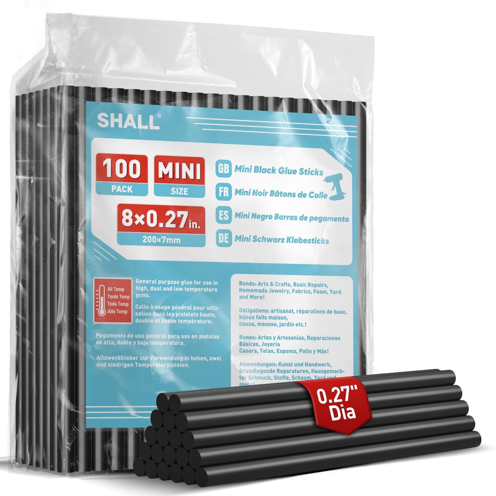 SHALL - 100 stick di colla nera 0,27" x 8" (7 mm x 200 mm) stick di colla a caldo per pistola per colla multiuso fai-da-te per tutte le temperature