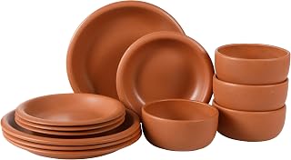 Bloomhouse Corsica Clay 12-Piece Stoneware Dinnerware Set for 4 - Oprah's Favorite Things Winner, Rustic Reactive Glaze, Matte Terracotta Plates & Bowls