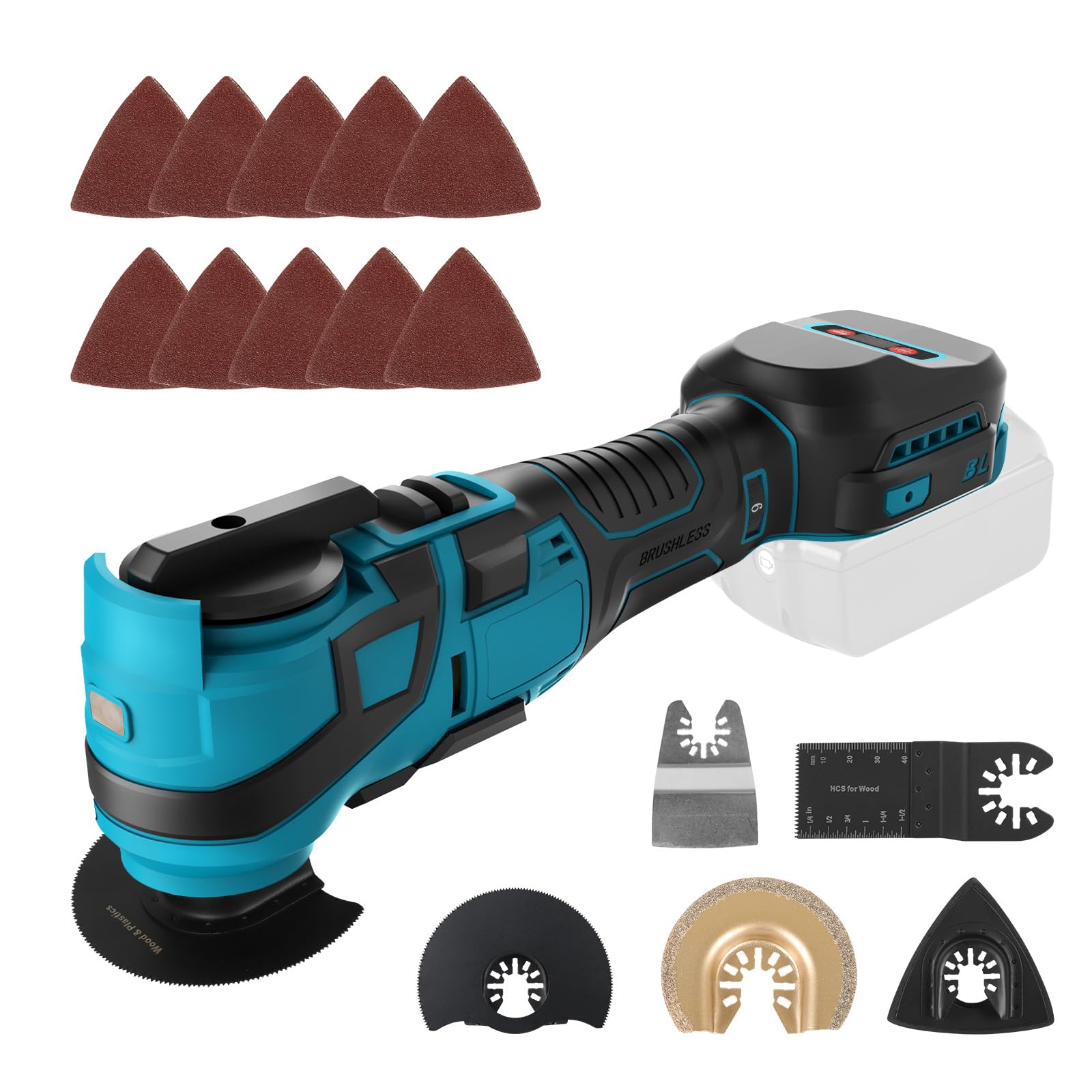 Roadtime Herramienta multifunción con batería para Makita de 18 V baterías (sin batería), herramienta oscilante DIY con 15 accesorios, sin escobillas, 6 velocidades variables, 10000-20000 RPM