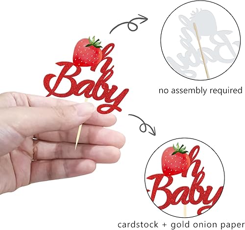 Miniatura 8 de 24 piezas de decoración para cupcakes de fresa con purpurina y bayas dulces para temática de bayas y fresas para niños, cumpleaños, fiesta de