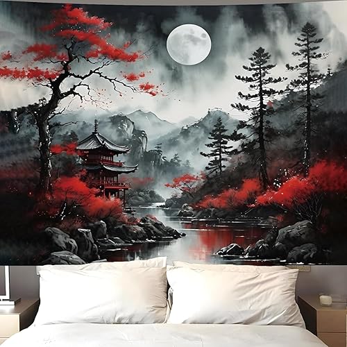 Atrippy Tapiz de pared de anime para dormitorio, diseño de bosque negro, luna japonesa, tapiz para colgar en la pared, decoración vintage de