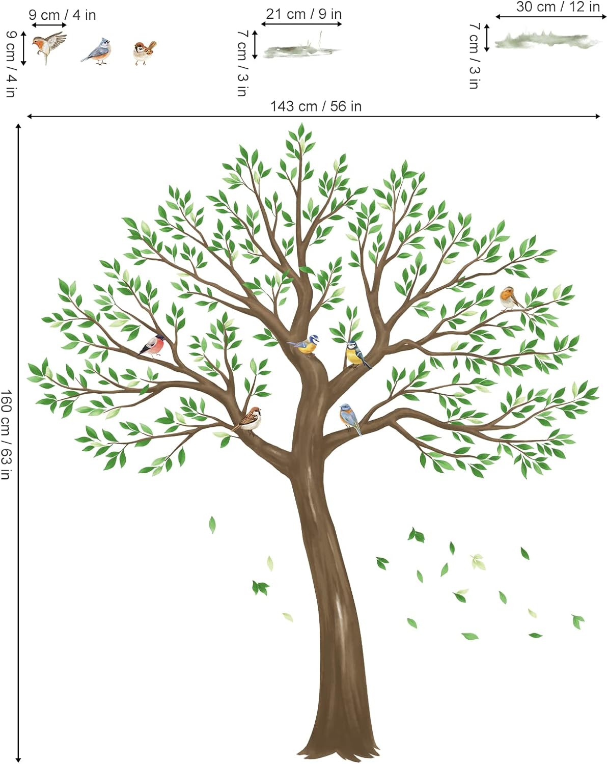 wondever Large Tree Wall Stickers Green Leaves Birds Peel and Stick Wall Decals for Living Room Bedroom TV Wall (H: 63inches)