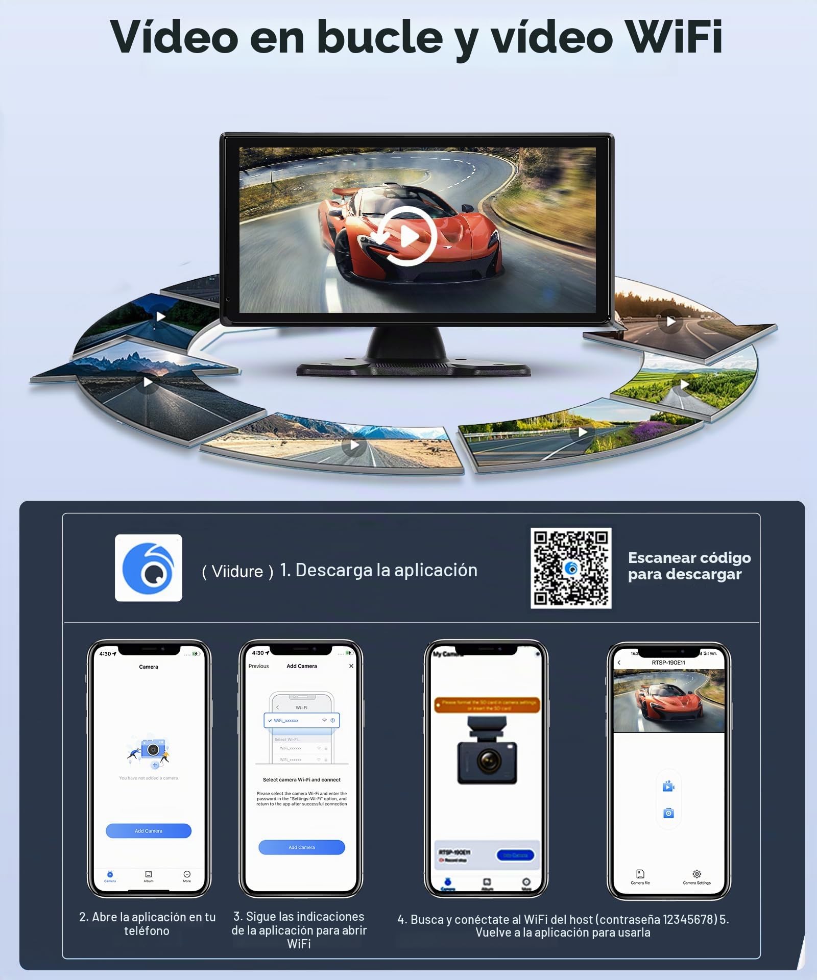 4K Cámaras de Visión Trasera 4 Cámaras Set avec Wireless Carplay Android Auto, 10,36 Pulgadas Monitor 4 Pantallas Divididas, Bluetooth/Transmisor FM/Vídeo en Bucle/Vídeo WiFi para Camión/Bus/Furgoneta