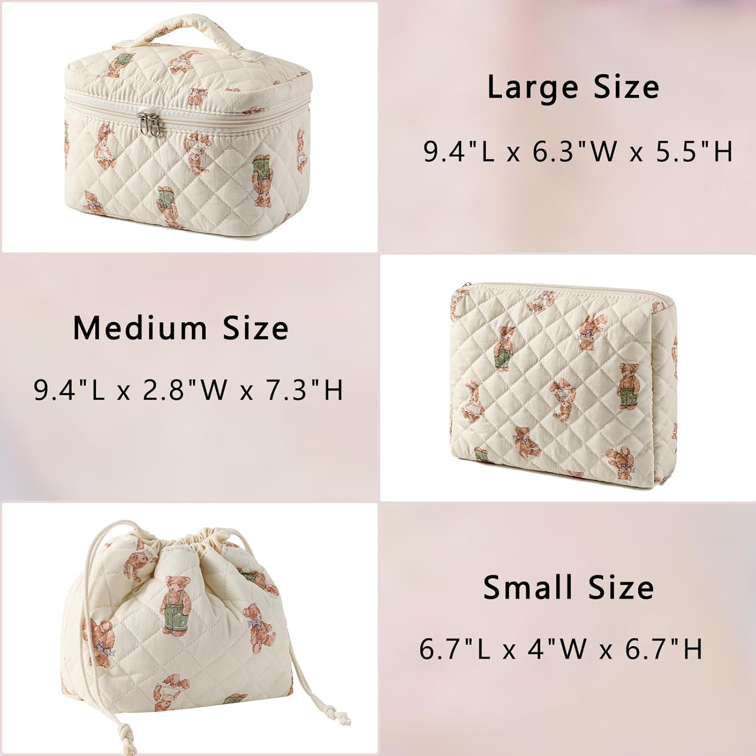 RSRSLEII 3Pcs Aesthetic Cotton Quilted Drawstring Makeup Bag Set, Aesthetic Cute Bow Makeup Pouch for Girls and Women, Aesthetic Travel Organized Cosmetic Bags for Purse(01Bear)