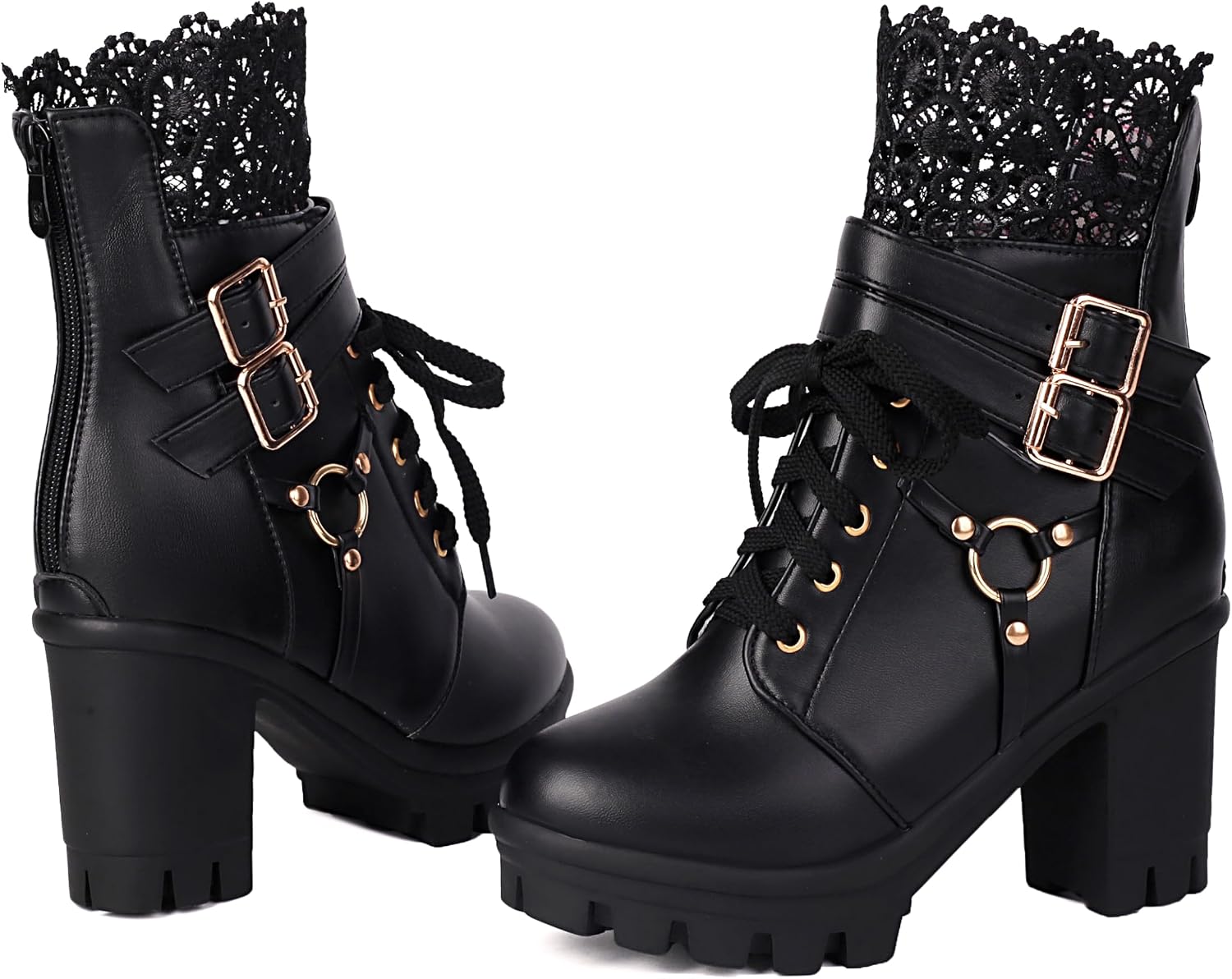 BEAUPAS Women's Gothic Combat Boots Lace Up Platform Ankle Boots with Buckles Chunky High Heel