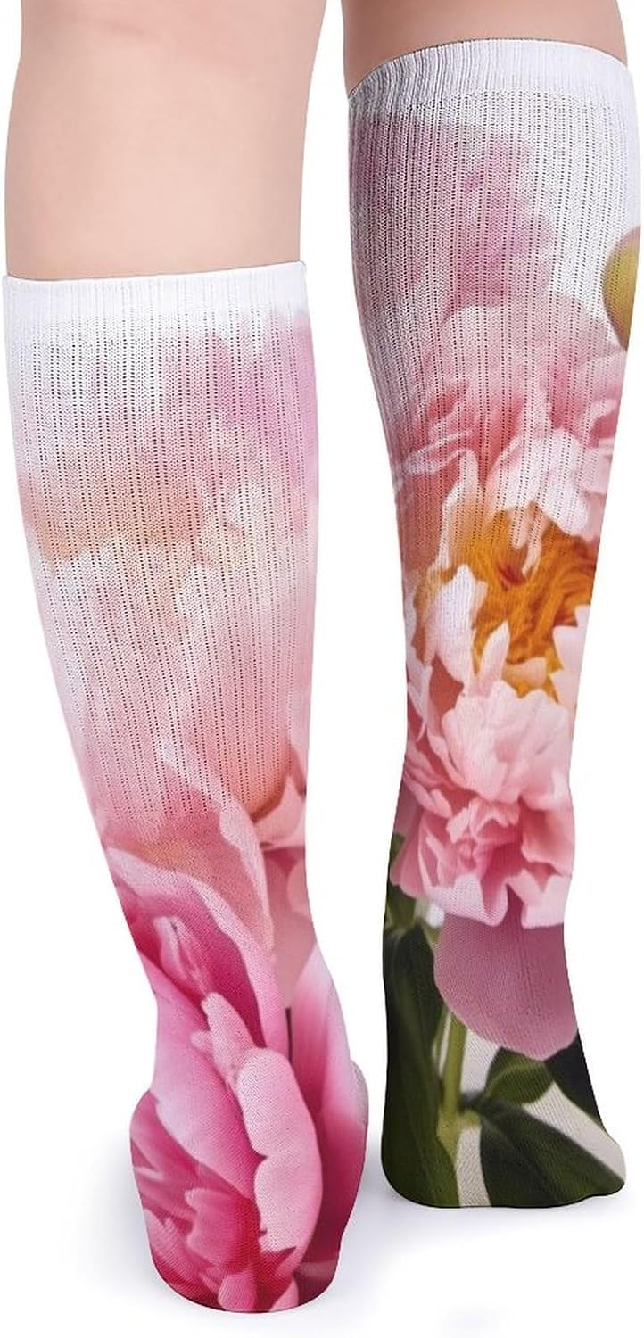 Breathable Crew Sock, Moisture Wicking, Athletic Calf Socks, Cozy | Peony Flowers Blossom Compression Socks for Women Men, Lightweight High Work Socks for Business, Casual