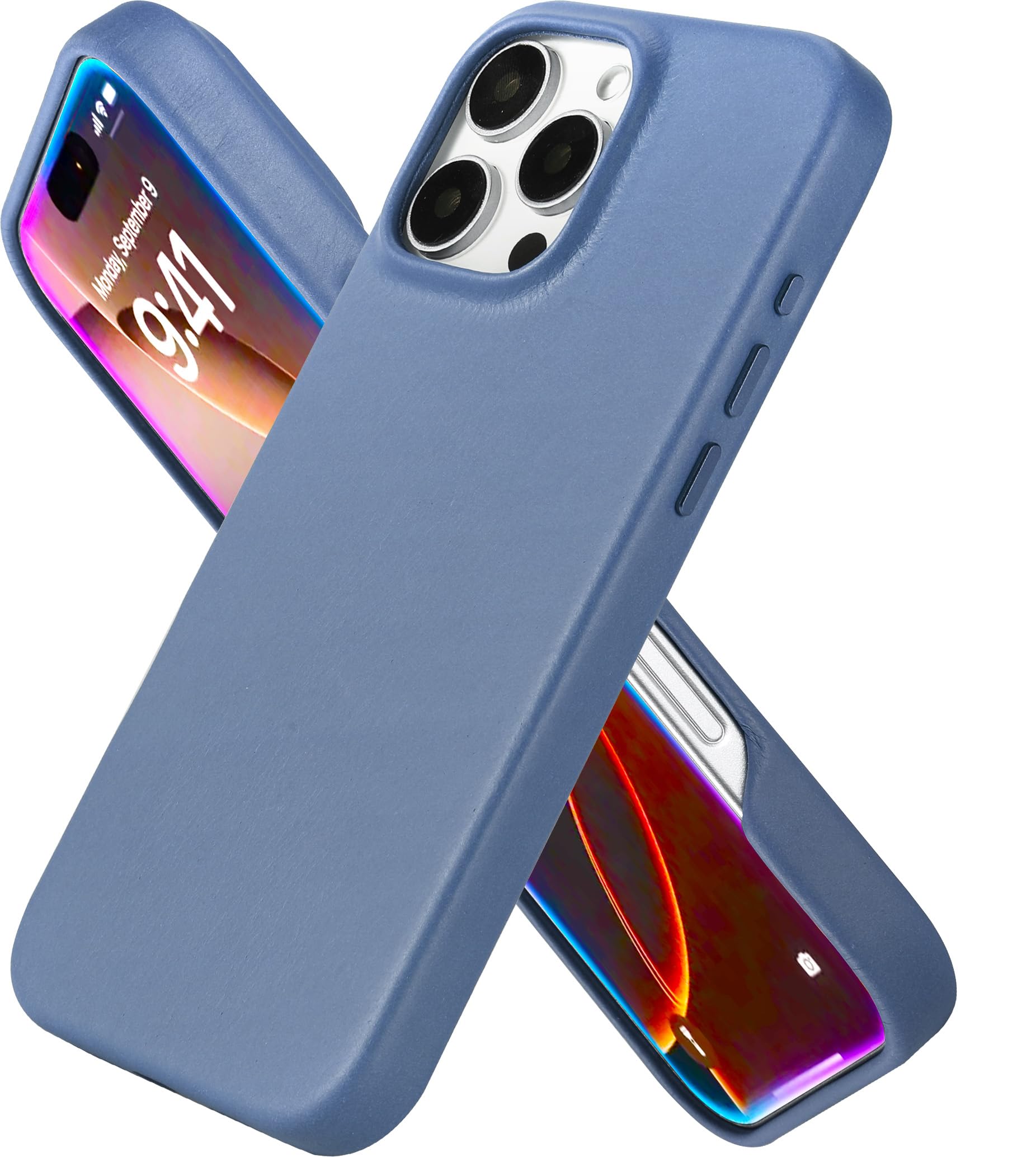 LONLI Edition | Italian Leather - for iPhone 16 Pro Max - Premium Italian Full Grain Leather Phone Case - Develop Unique Patina - Azure Blue