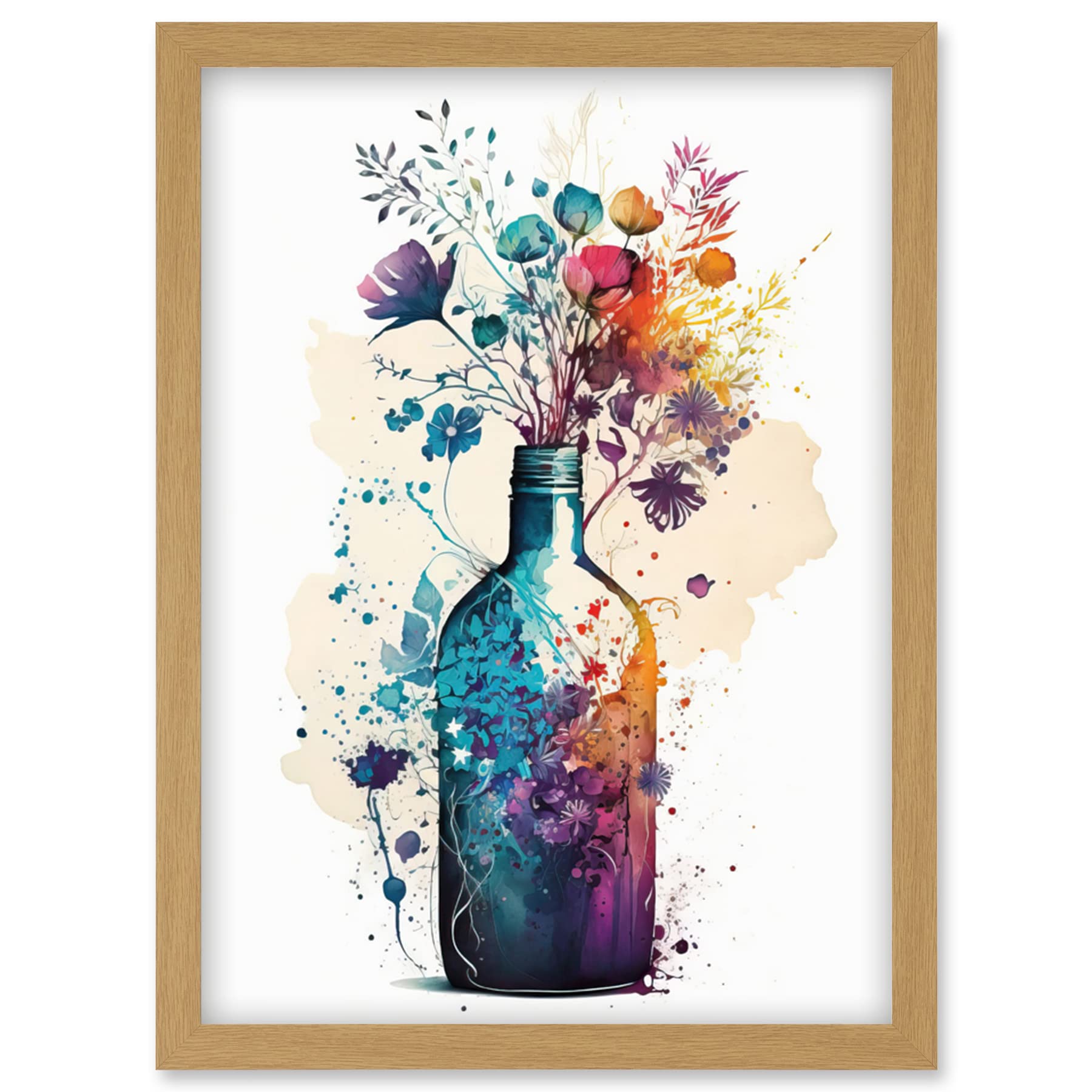 Artery8 Wildflower Spring Bouquet in Glass Wine Bottle Artwork Framed Wall Art Print A4
