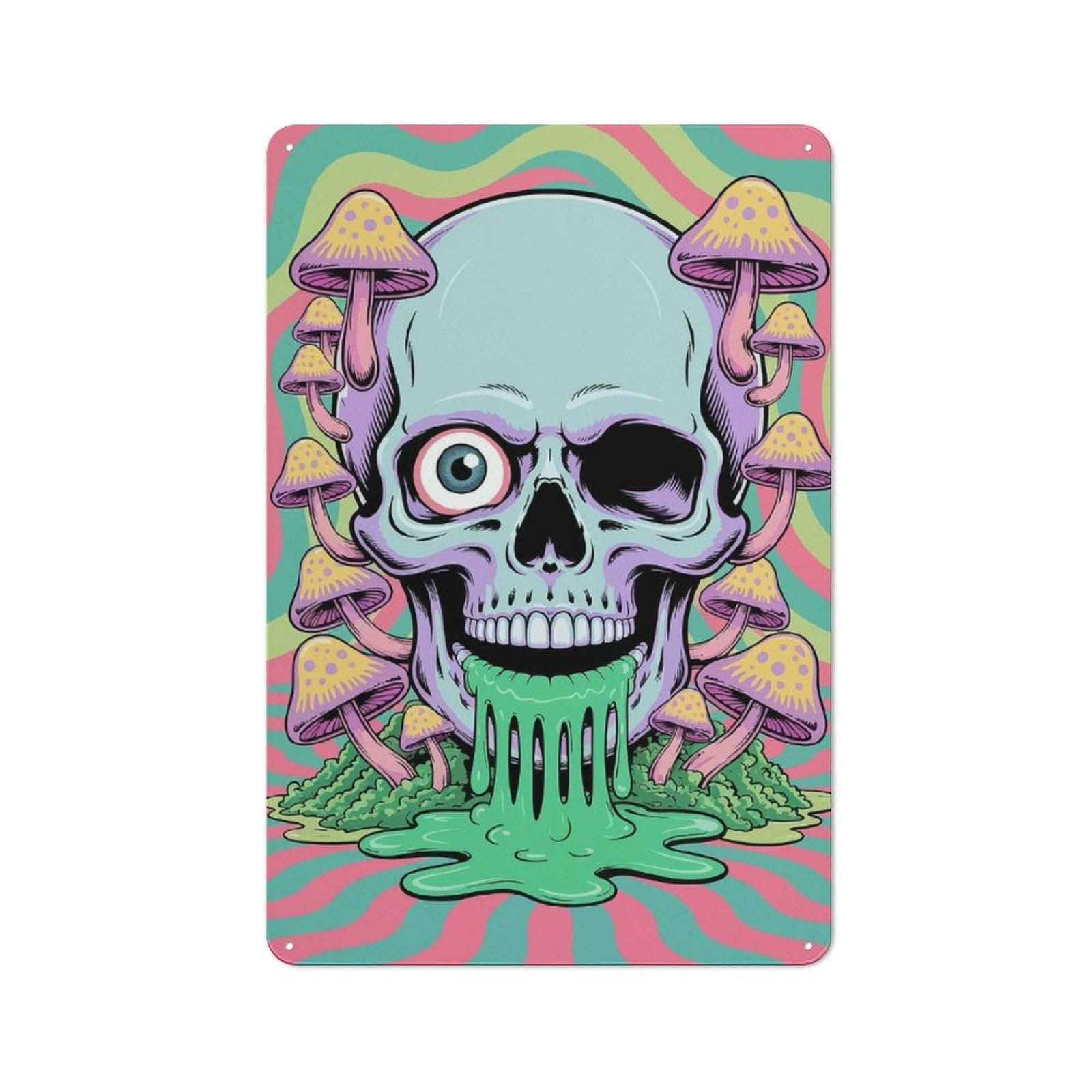 Junmoney Skull With Mushrooms Trippy Art Tin Wall Plaque 30X20cm With For Garage Or Workshop, For An Autumn Wall Display In Garage And Workshop