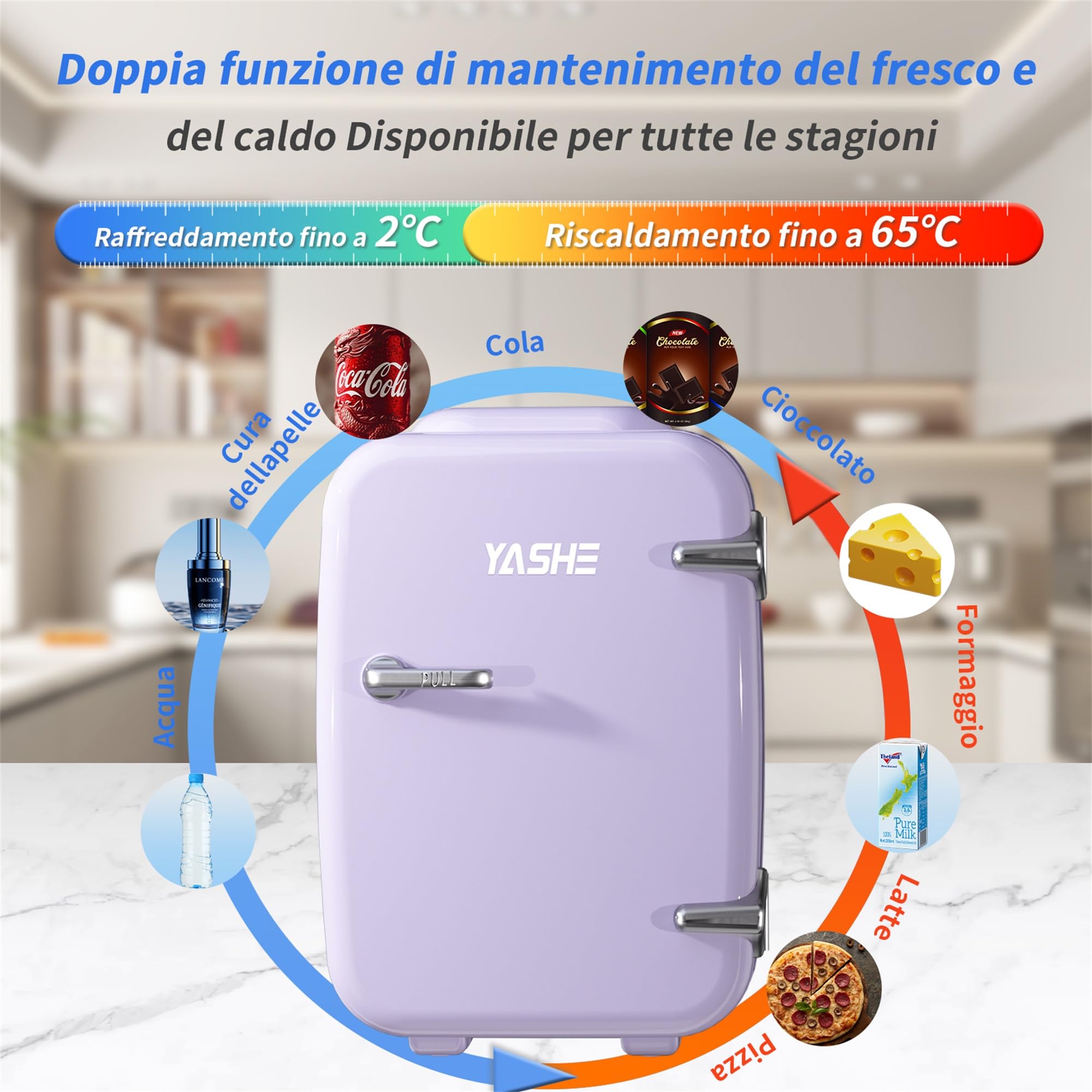 YASHE Mini frigo da camera, 4L frigorifero piccolo per la cura della pelle, 220V CA/12V CC, termoelettrico e scaldino per bevande, ufficio, dormitorio, auto, Viola