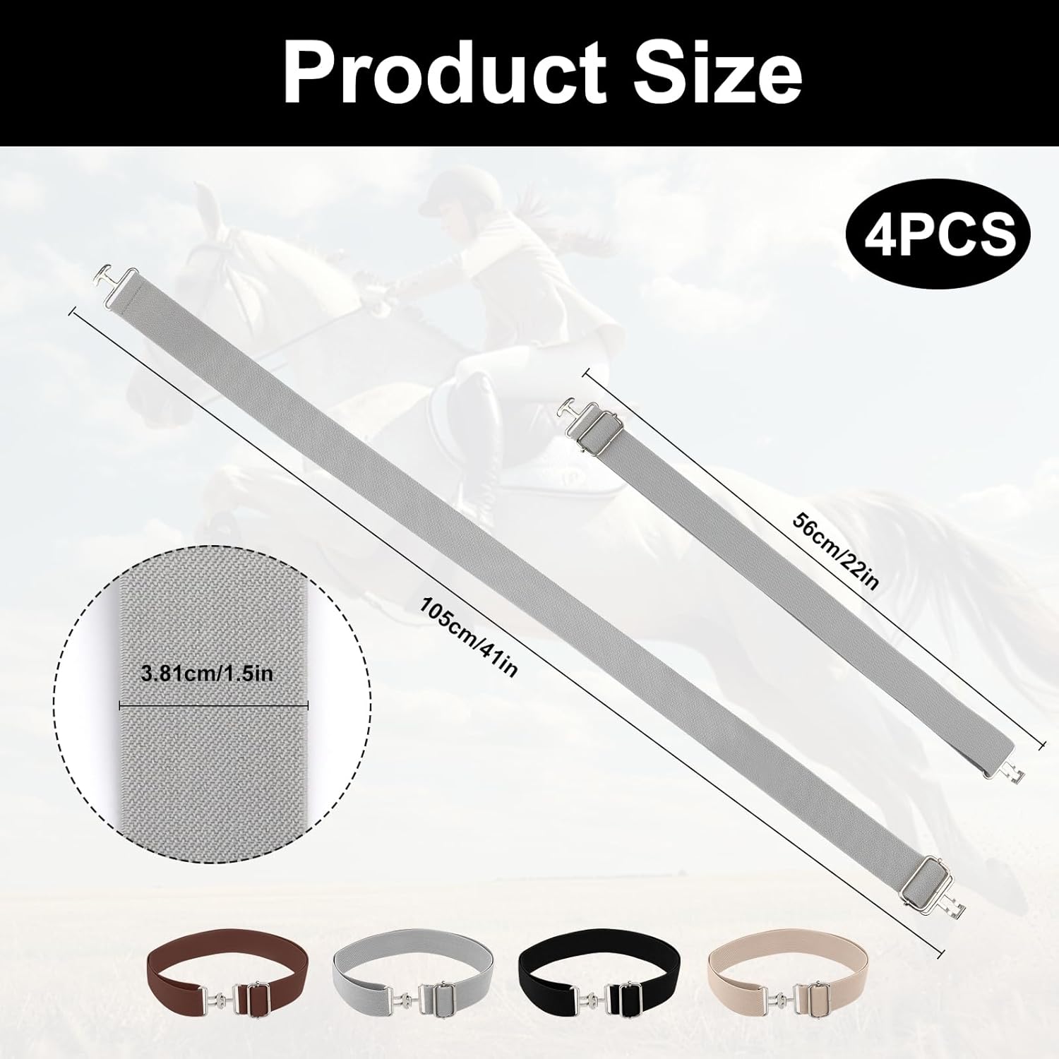 4Pcs 1.5inch Elastic Equestrian Belt,Horse Riding Belt,Bit Buckle Leather Key Strap for Women Horseback Riding Equestrian Sports(Black,Gray,Beige,Brown) - Image 2