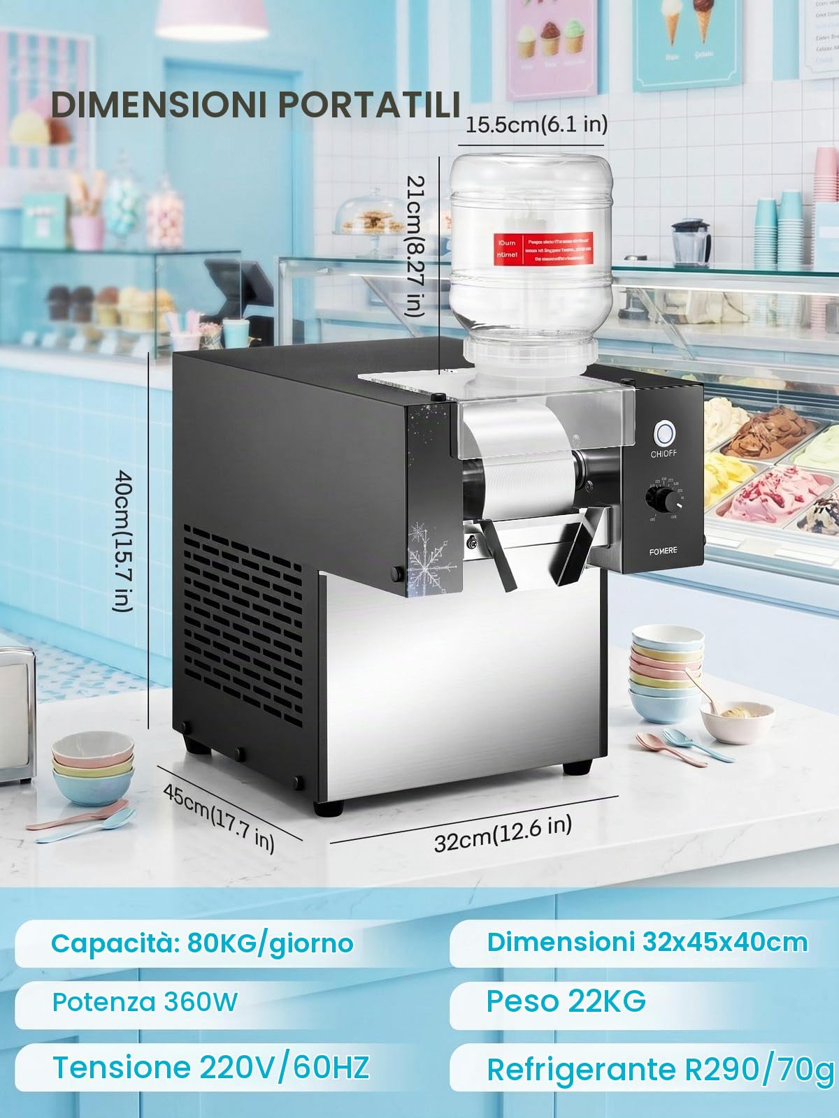 Macchina professionale per ghiaccio tritato FOHERE 80 kg/24 h | Macchina per bingsu in acciaio inossidabile con funzione di autopulizia e compressore, regolatore di velocità