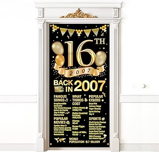 16th Birthday Door Cover Banner Decorations, Black Gold Happy 16th Birthday Door Cover Party Supplies, Large Sixteen Year Old Birthday Poster Backdrop Sign Decor