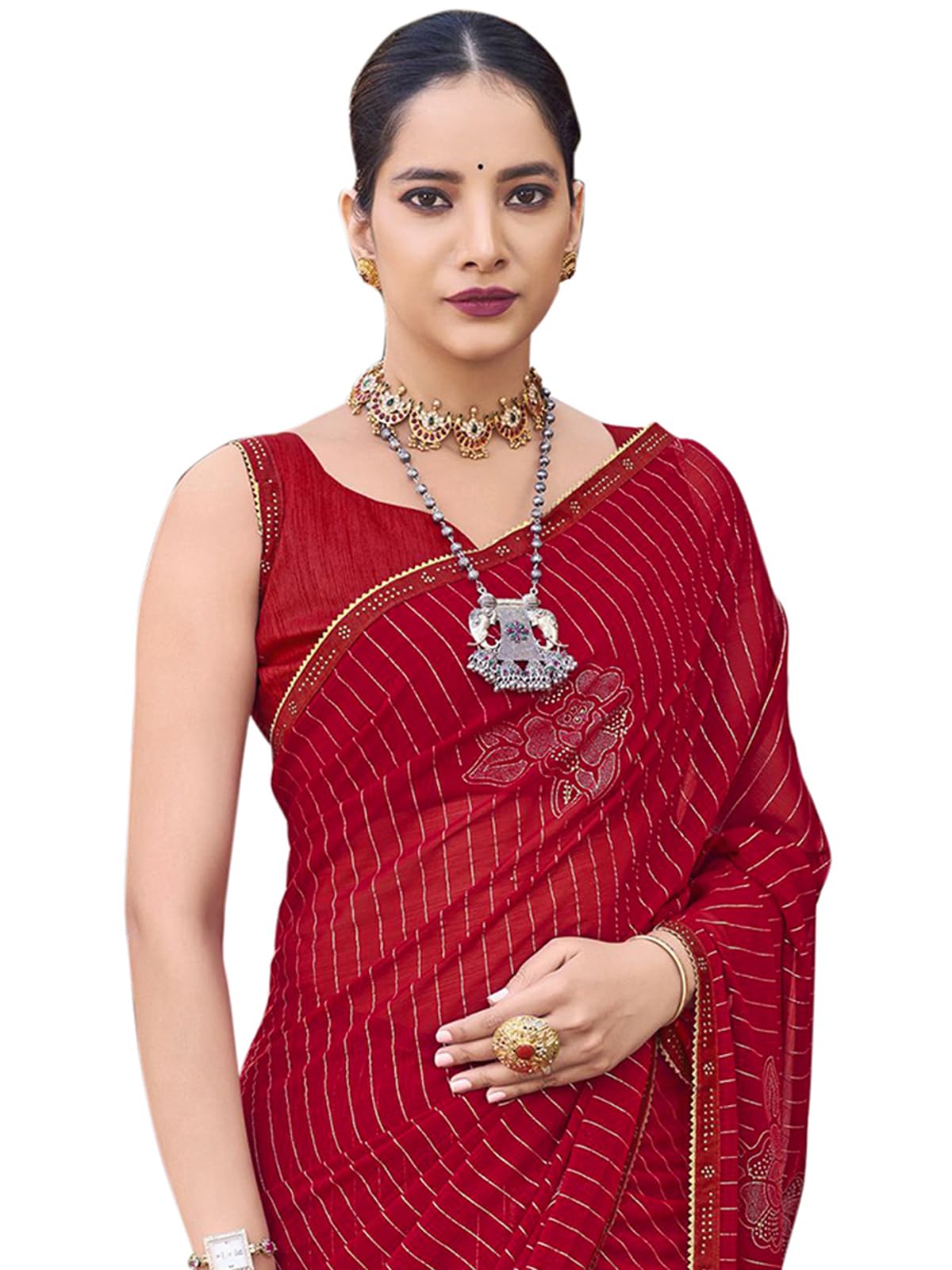 SIRIL Foil Printed Lace Boarder Chiffon Saree With Unstitched Blouse Piece
