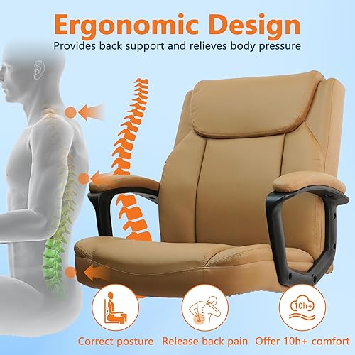 Miniatura 4 de CLATINA Silla de oficina marrón, sillas de computadora de cuero PU, sillas de oficina ejecutivas, silla giratoria de altura ajustable con tapicería