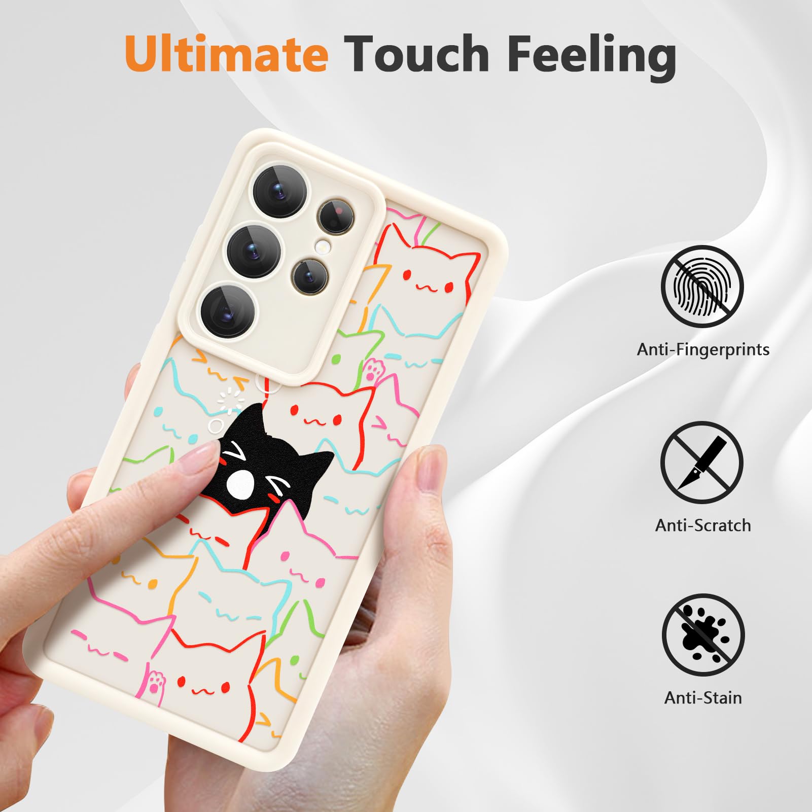 Bonita funda para Samsung Galaxy S25 Ultra con diseño de gato y gatos negros para mujeres y niñas, diseño de animales kawaii, suave, a prueba de golpes, protección contra caídas, color blanco