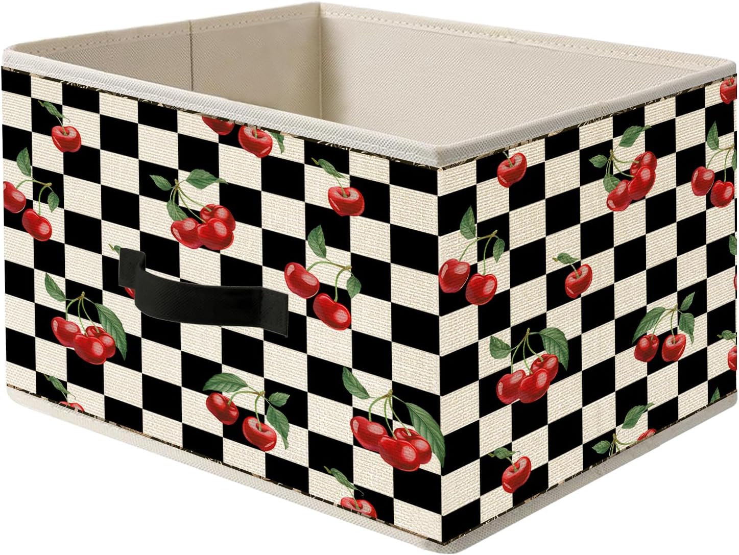 Black & White Checkered Fabric Collapsible Storage Bin Box with Handles - Cherry Foldable Organizer Basket Toybox for Organizing Clothing Sheets Toys Books, Closet Storage Bins for Organization-335