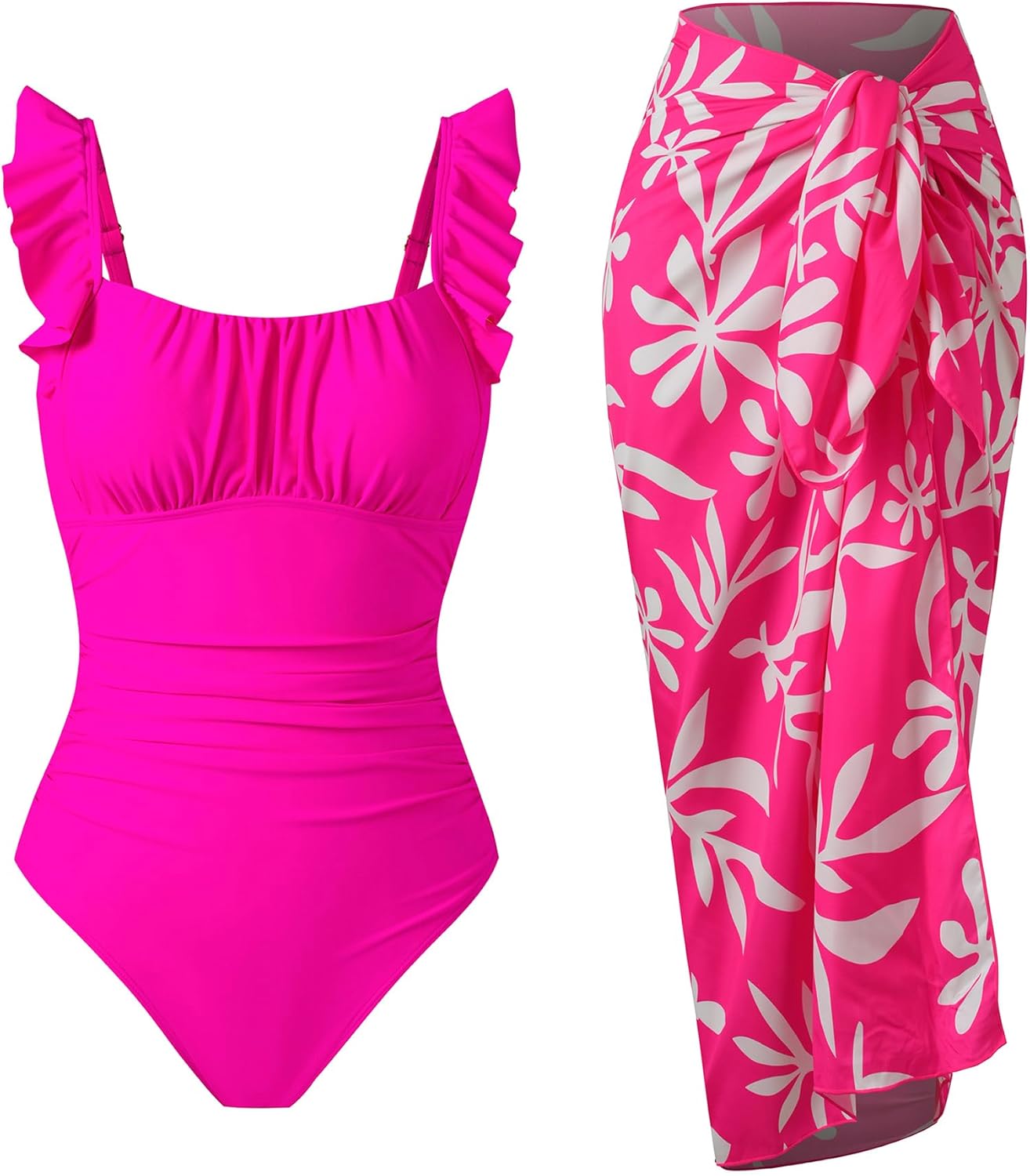 Women's Vintage One Piece Swimsuit with Skirt 2 Piece Bathing Suit Set with Cover Up Tummy Control Slimming Swimwear