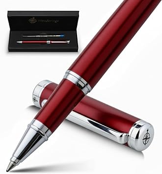 WANDERINGS Premium Rollerball Pen with German Ink - Perfectly Balanced for an Excellent Writing Experience - Chrome Accents - Winefire Red - Includes Schmidt Refill in Gift Case
