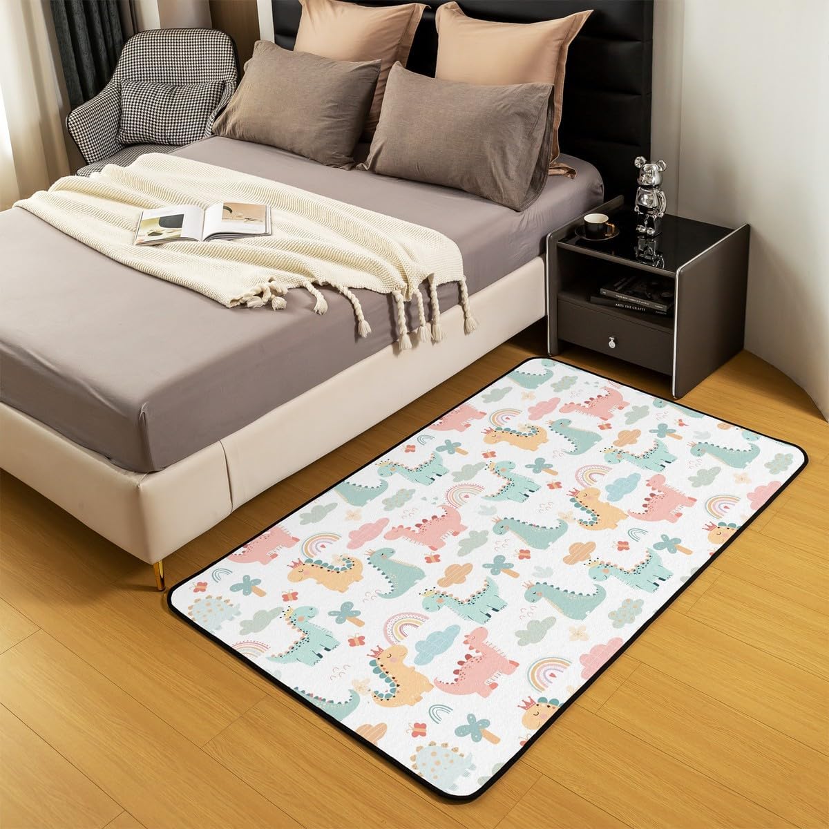 Cartoon Dinosaur Area Rug Kawaii Colorful Wild Animals Non Slip Rug for Kids Boys Girls Watercolor Rainbow Cute Clouds Indoor Floor Mat for Sofa Chairs Office 150cm X 200cm X 1cm