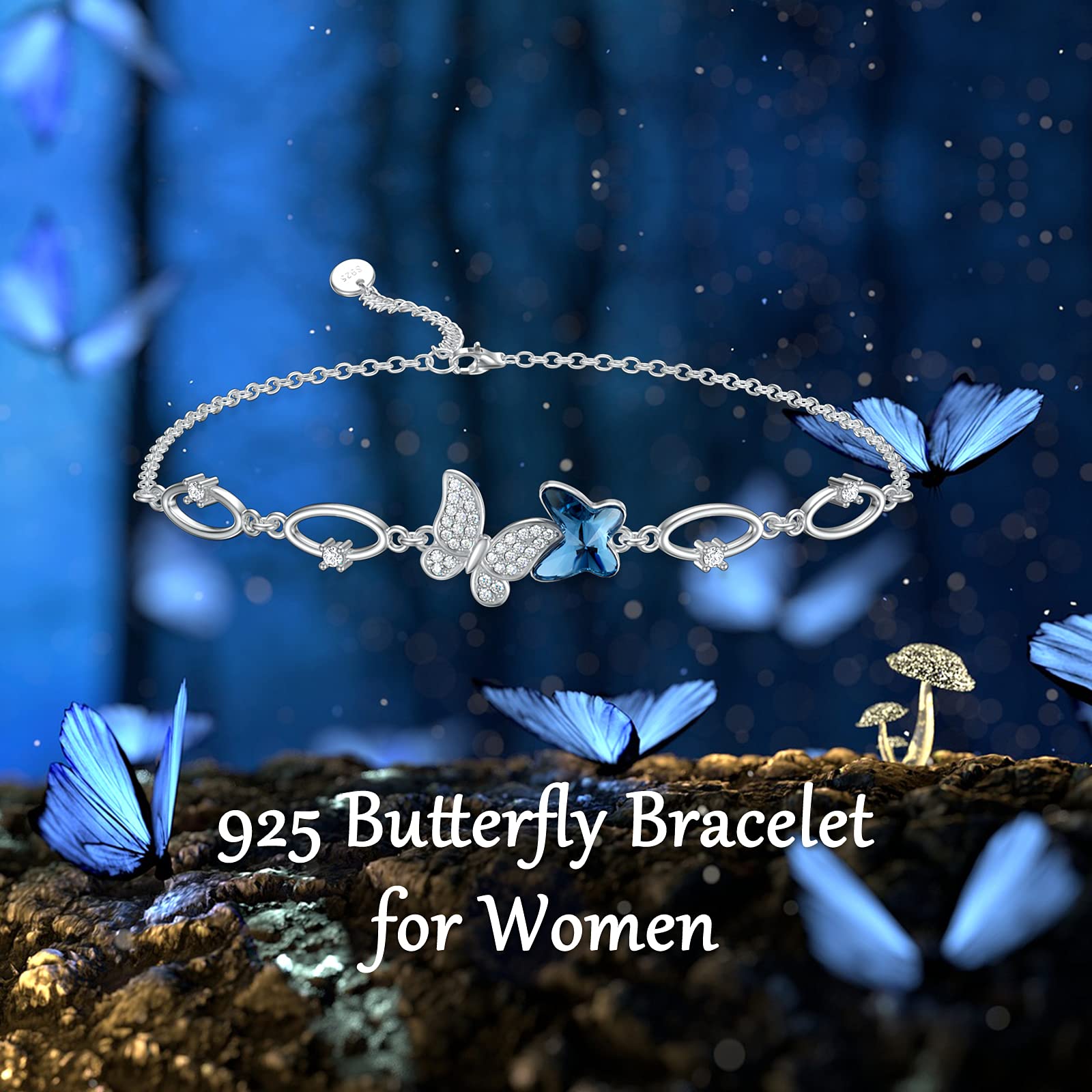 Mariposa/libélula pulsera, joyas mariposa libélula azul/púrpura cristal damas de honor pulsera plata 925 mujer regalo de graduación para niñas mujeres, Adjustable (17.78 cm + 2 extension