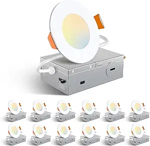 Amico 12 Pack 3 Inch 5CCT Ultra-Thin LED Recessed Ceiling Light with Junction Box, 2700K/3000K/3500K/4000K/5000K Selectable, 7W Eqv 60W, Dimmable Canless Wafer Downlight, 500LM High Brightness -ETL
