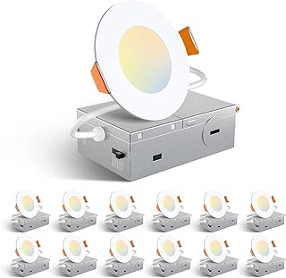 Amico 12 Pack 3 Inch 5CCT Ultra-Thin LED Recessed Ceiling Light with Junction Box, 2700K/3000K/3500K/4000K/5000K Selectable, 7W Eqv 60W, Dimmable Canless Wafer Downlight, 500LM High Brightness -ETL