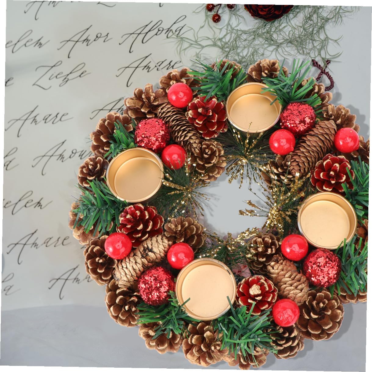Christmas Candlestick Wreath 27cm Handmade Candleholder Decor Desktop Centerpiece for Holiday Table Decoration