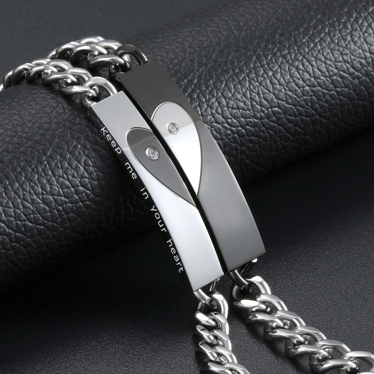Flongo Pulseras para Parejas, Collares Colgantes para Parejas, Pulseras de Amor, Collares de Parejas de Acero Inoxidable Color Negro Plateado, Regalo para San Valentín