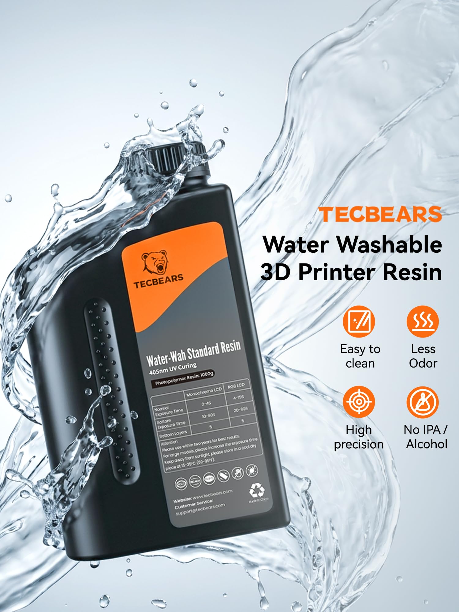 TECBEARS Resina Lavable Con Agua, Resina Para Impresoras 3d Lavable Con Agua, Resina Uv De 405 Nm, FotopolíMero RáPido, Bajo Olor, Para Impresoras 3d 4k/6k/8k Lcd/Dlp/Sla, PrecisióN, Gris, 1000g