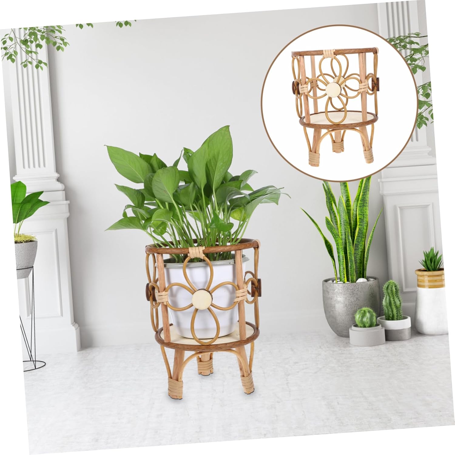 Handwoven Rattan Plant Stand with Legs Heavy Duty Flower Pot Holder for Use Elegant Display Rack for Garden Planter and Bonsai Pots