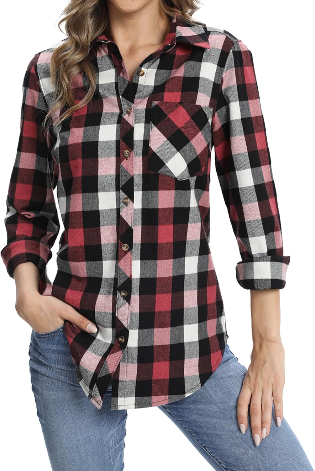 Fuinloth Women's Flannel Button Down Shirt, Plaid Long Sleeve Pure Cotton with Pocket - Image 2