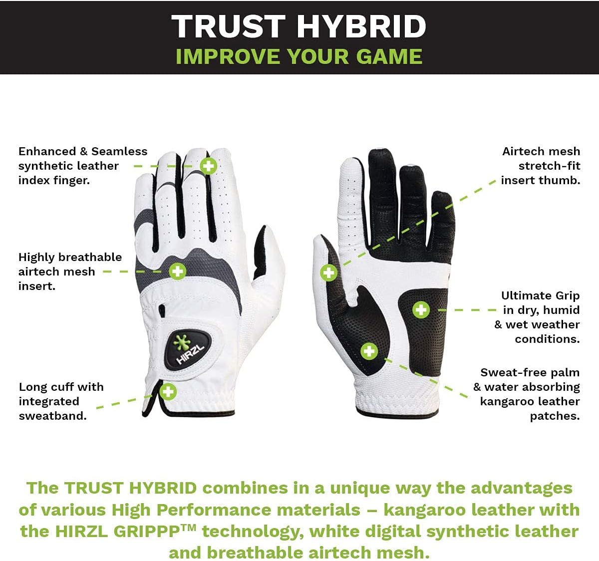 HIRZL Trust Hybrid – Men’s All Weather Golf Glove | Kangaroo Leather | Ultimate Grip and Ergonomic Fit, White/Black (Pack of 5)